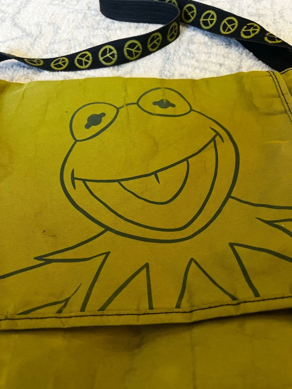 Vintage Kermit Green Messenger Bag with Peace-Print Strap